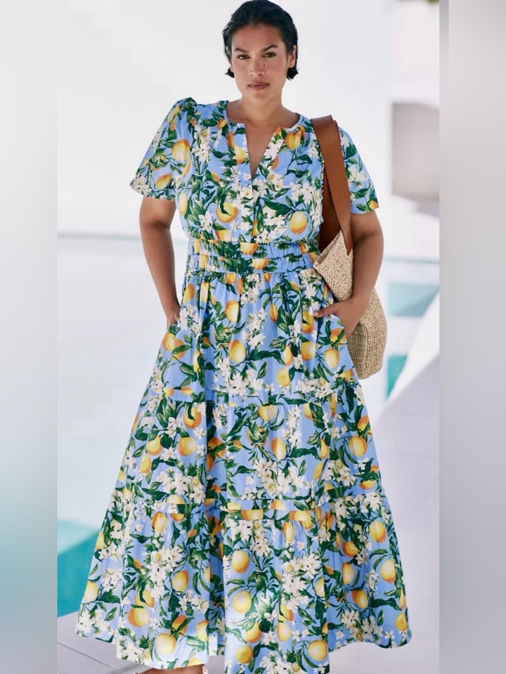 Anthropologie Somerset Maxi Dress Blue Lemon Print Cotton Medium